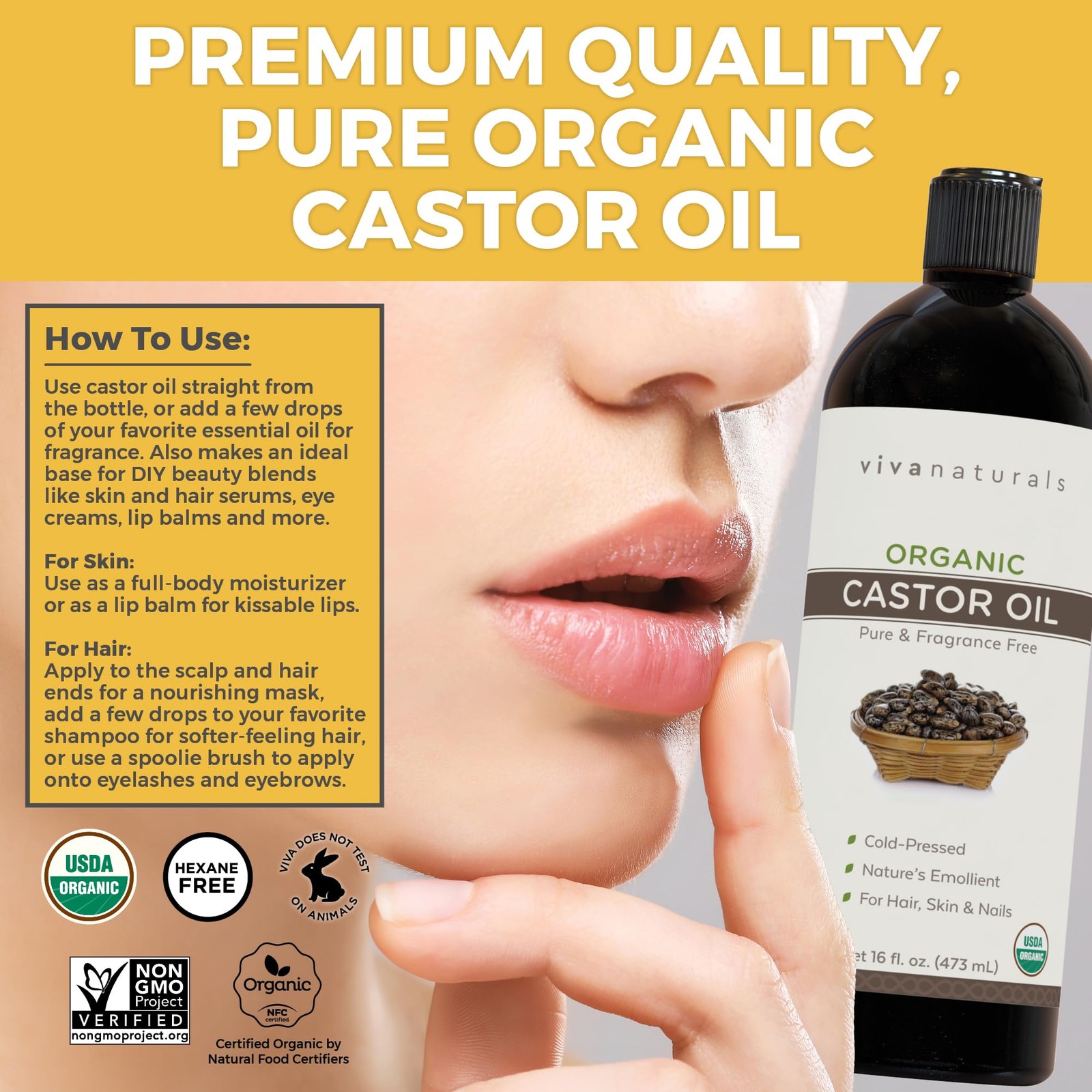 Organic Castor Oil for Eyelashes and Eyebrows (16 Fl Oz) – USDA Certified Organi