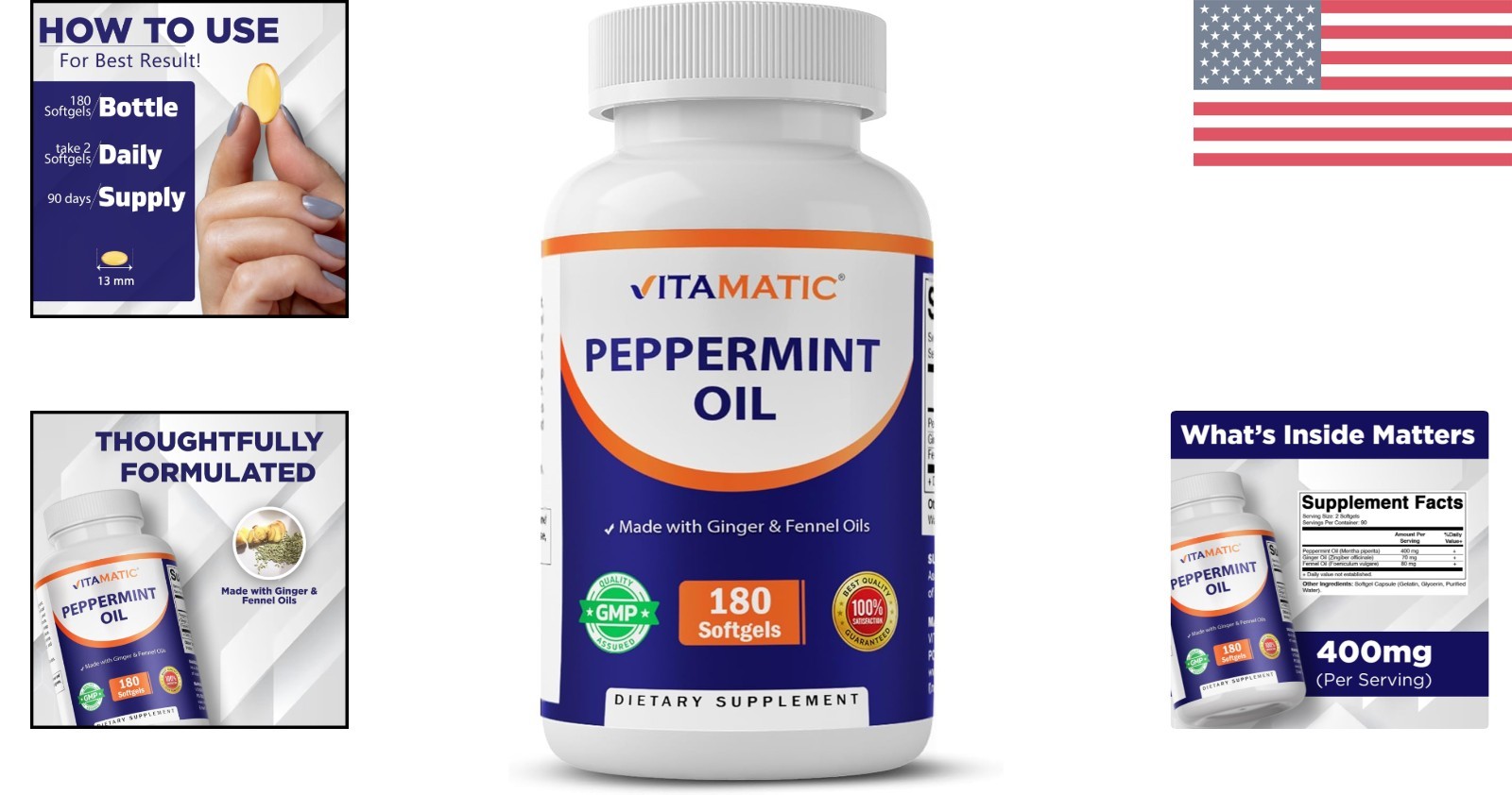 Natural Digestive Health: Peppermint Oil Gel with Ginger & Fennel, 180 Softgels