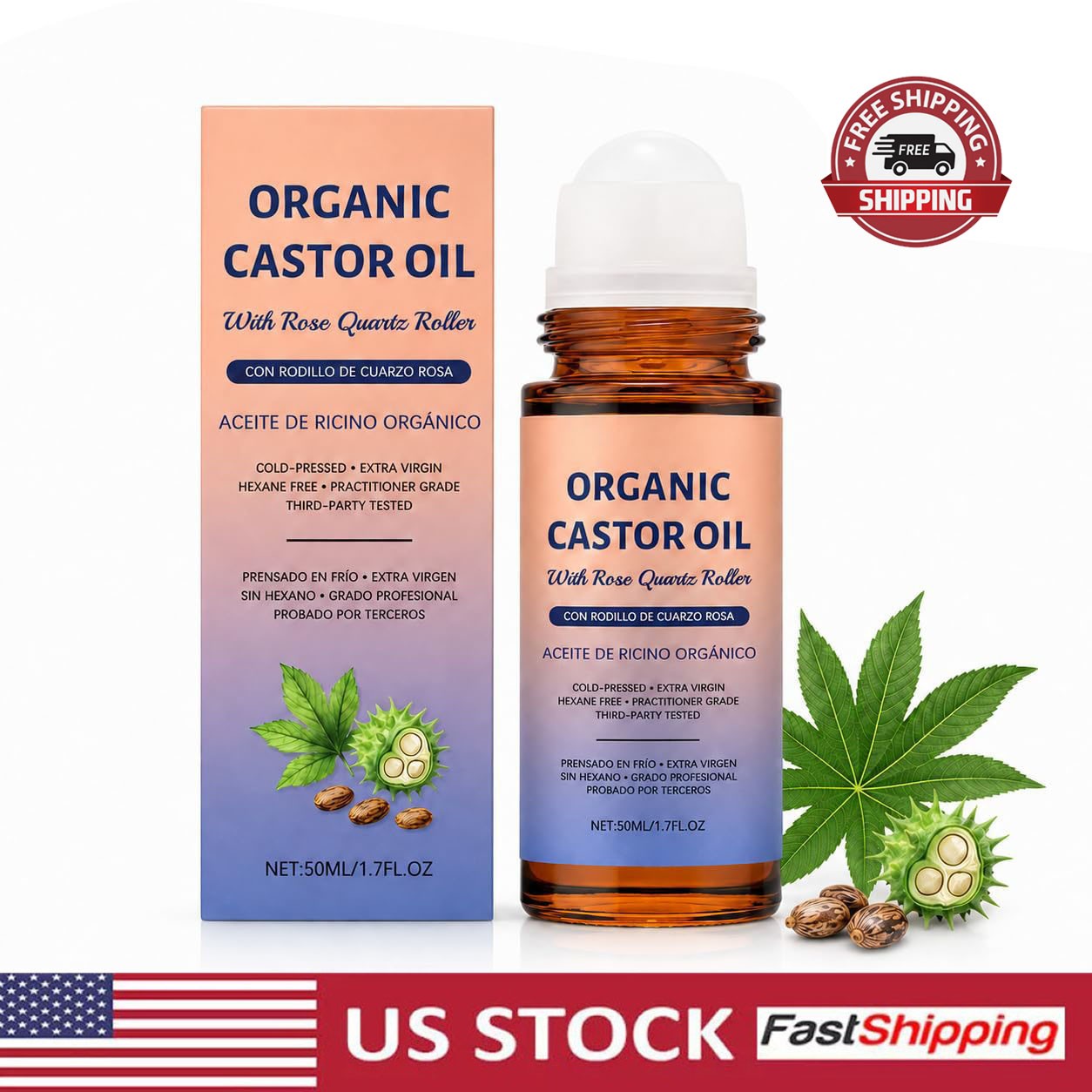 Organic Castor Oil with Rose Quartz Roller,Cold-Pressed Pure Organic Castor Oil~