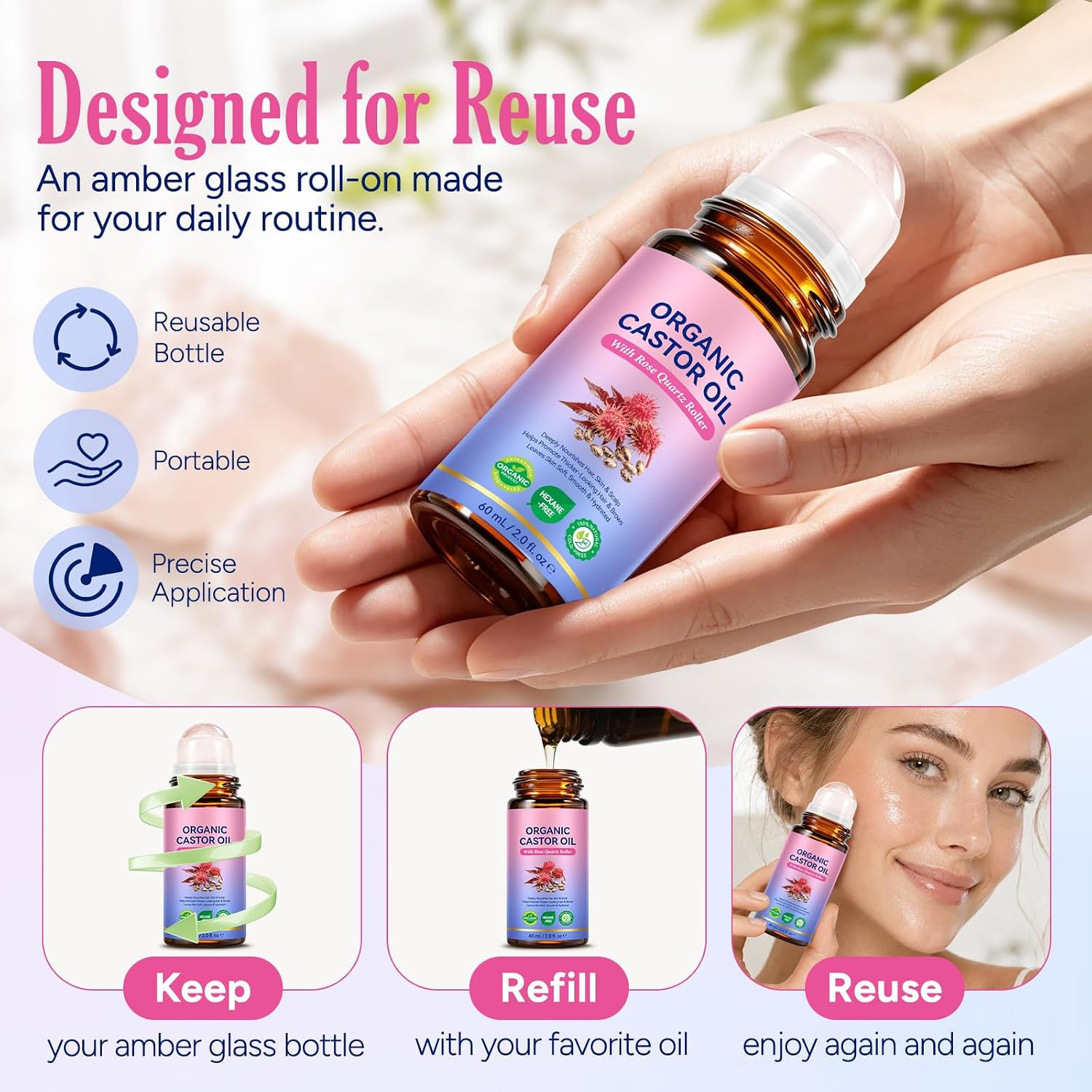Organic Castor Oil Rose Quartz Roller Ball (2.0 Fl Oz), Pure Cold-Pressed | Cast