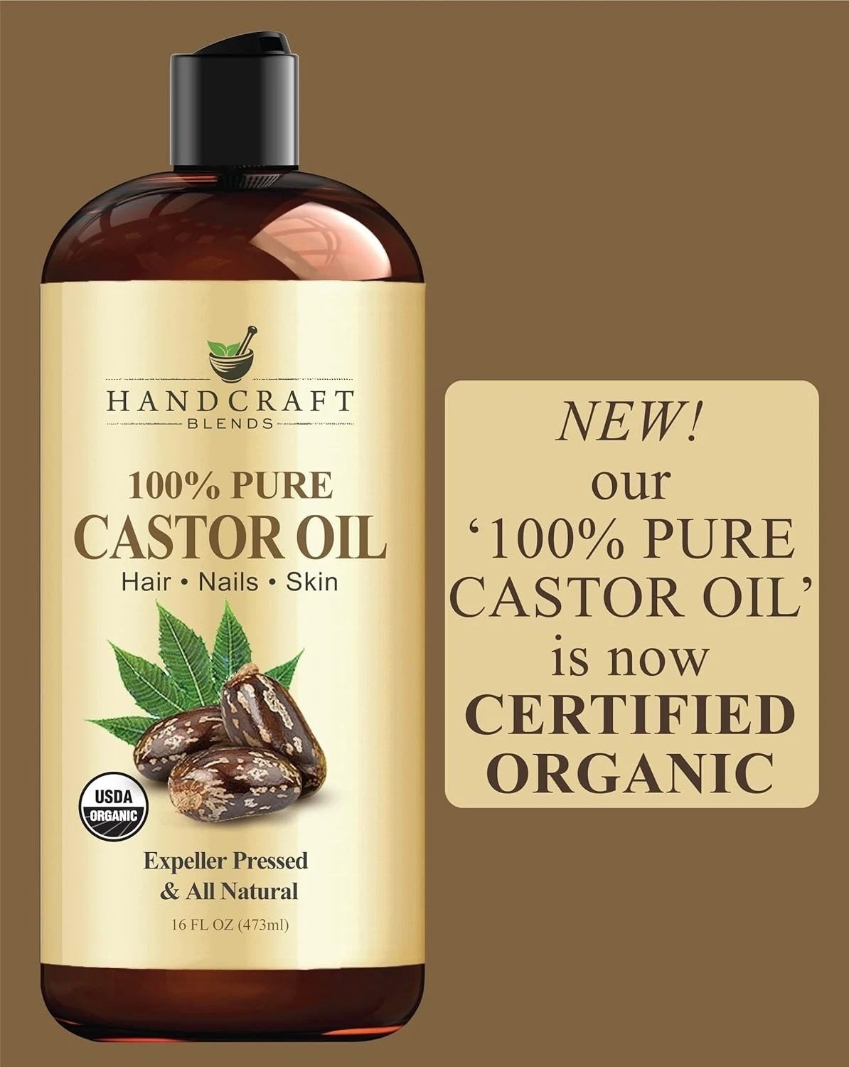 Premium Organic Castor Oil 100% Pure and Hexane-Free Cold-Pressed Beauty 16 fl.