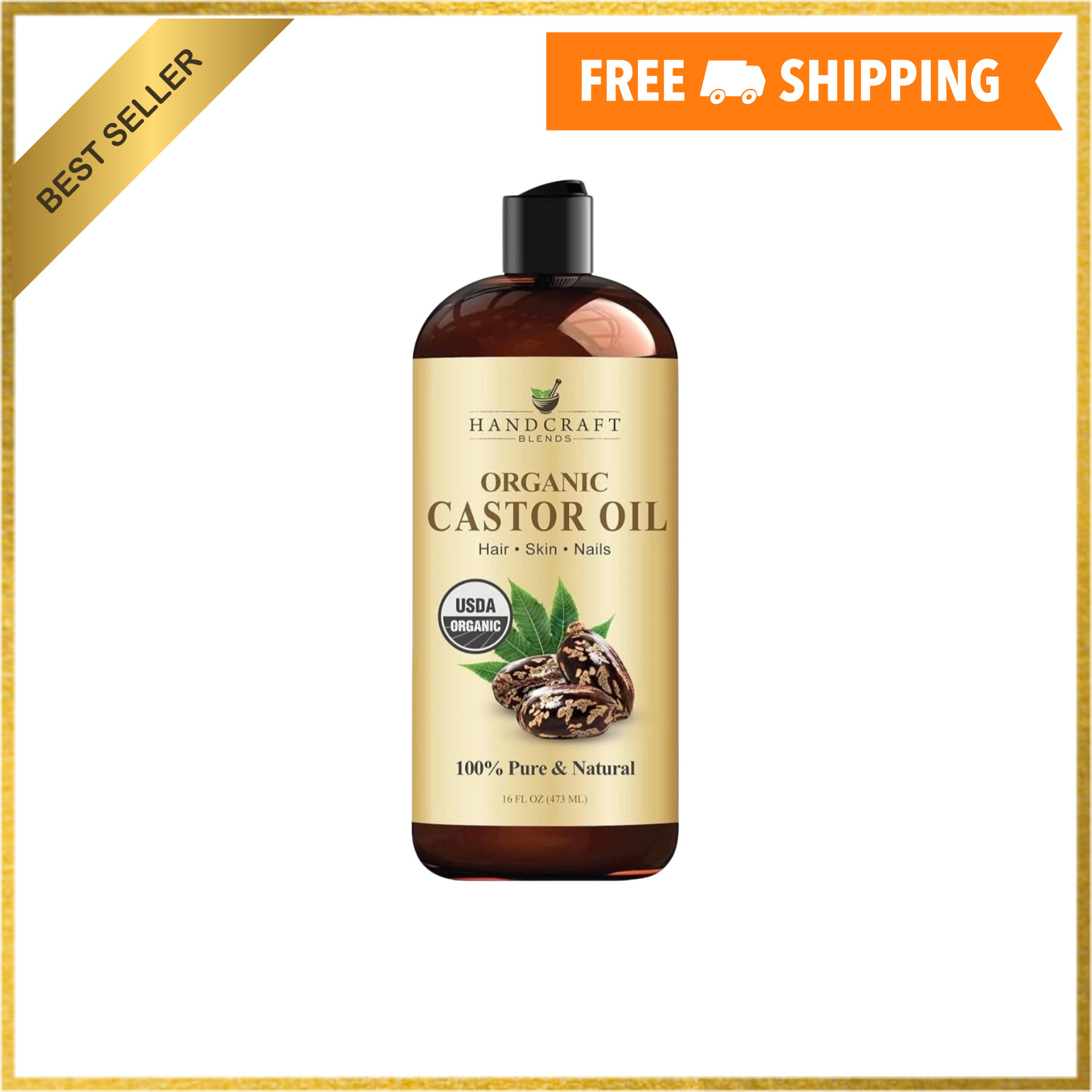 Premium Organic Castor Oil 100% Pure and Hexane-Free Cold-Pressed Beauty 16 fl.