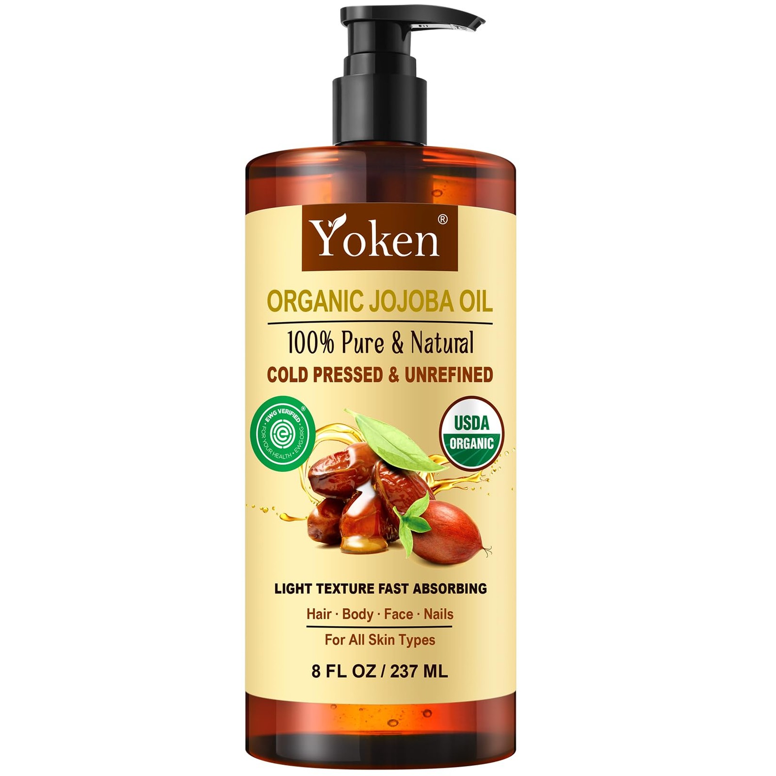 Organic Jojoba Oil 8oz, USDA Certified Pure for Hair, Skin Care