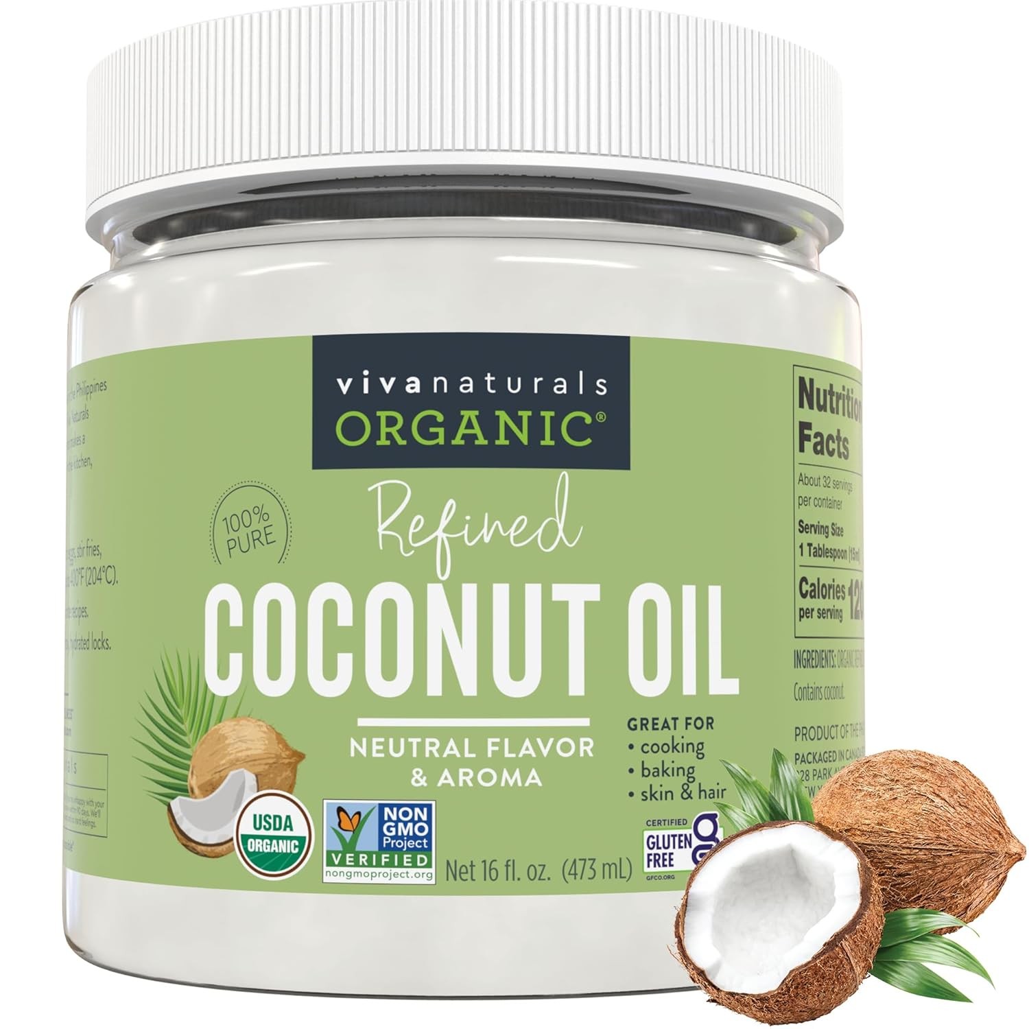 Viva Naturals Refined Coconut Oil, 16 fl oz – Expeller-Pressed,