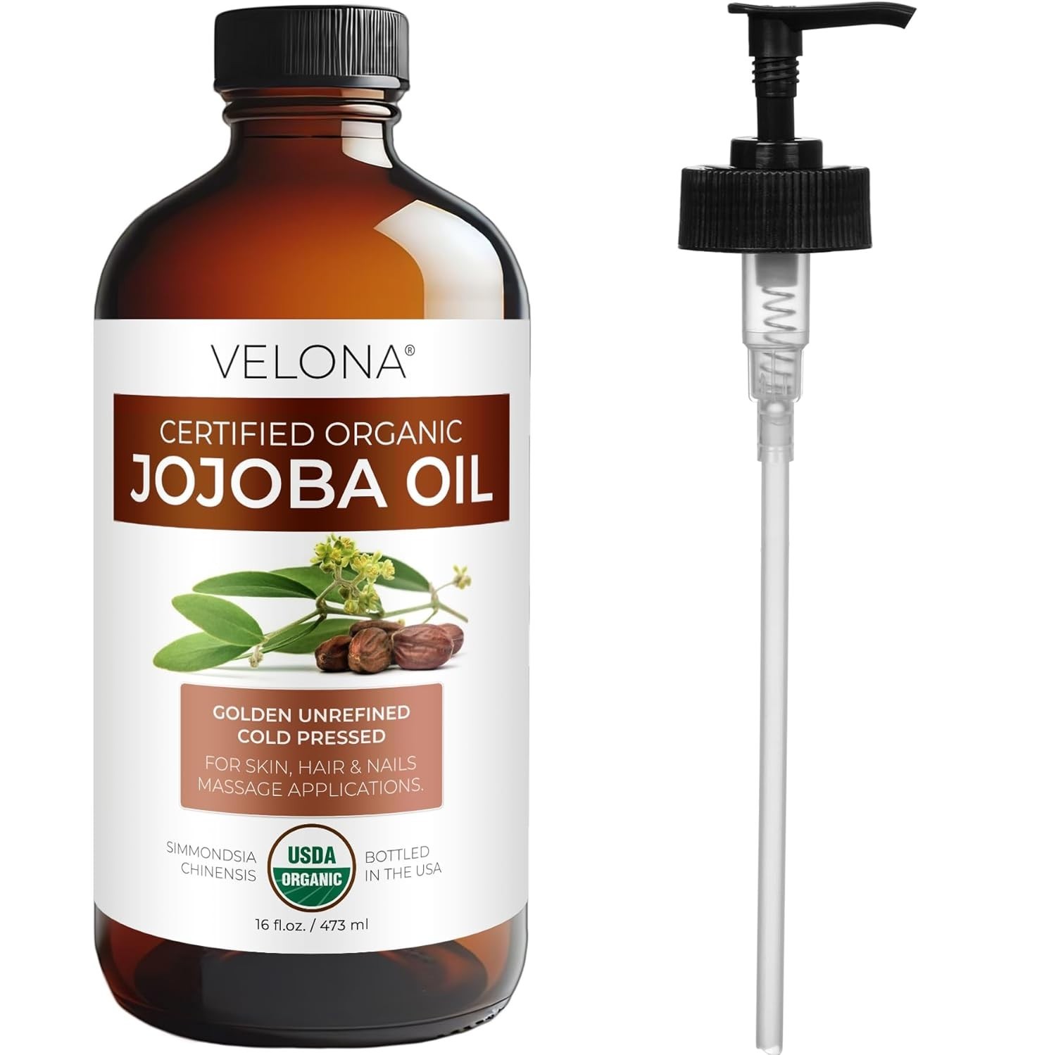 USDA Organic Jojoba Oil – 16 fl oz Glass Bottle, Cold Pressed, Pump