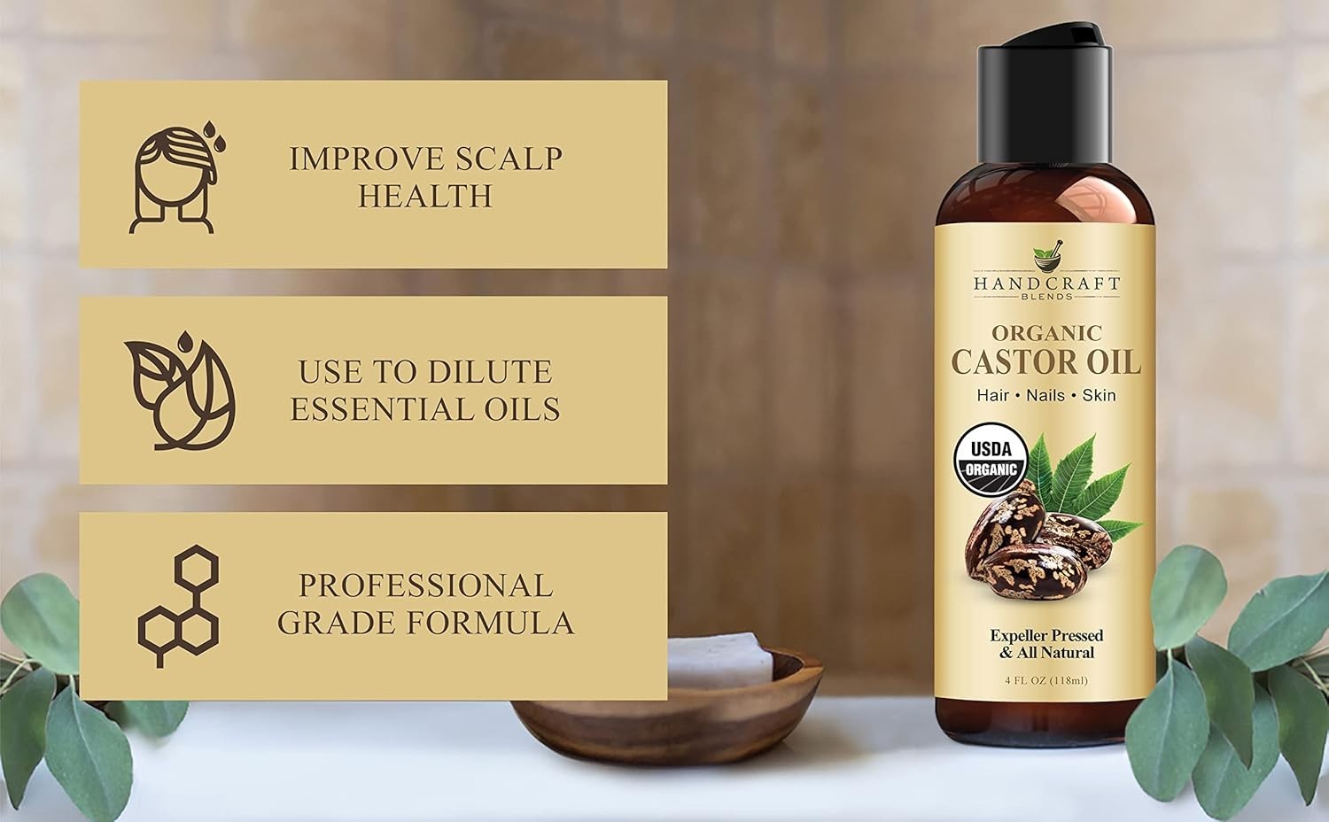 Premium Organic Castor Oil 100% Pure and Hexane-Free Cold-Pressed Beauty 4 Fl Oz