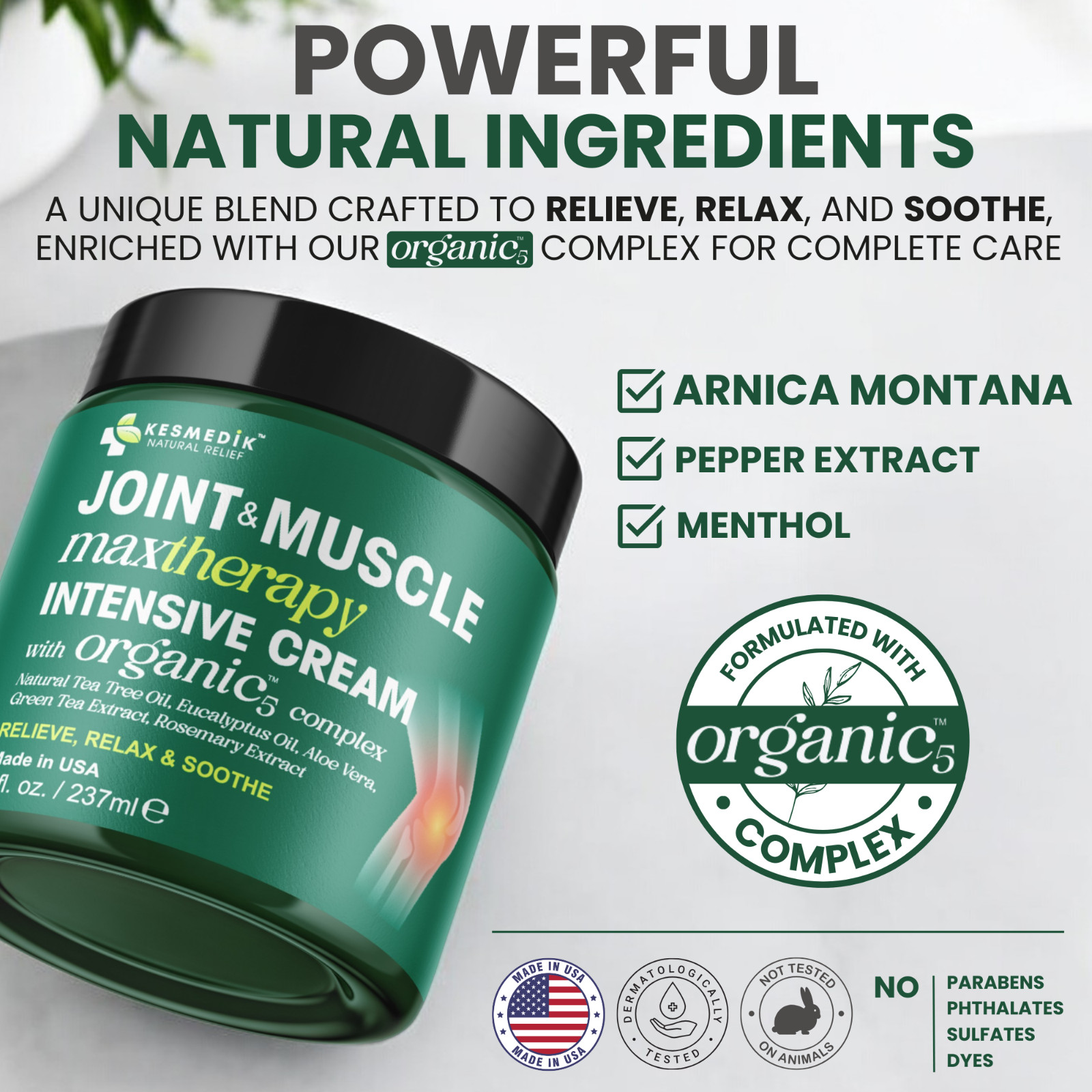 Kesmedik Joint & Muscle Cream, Organic-5 Complex, Soothes & Hydrates, Non-Greasy