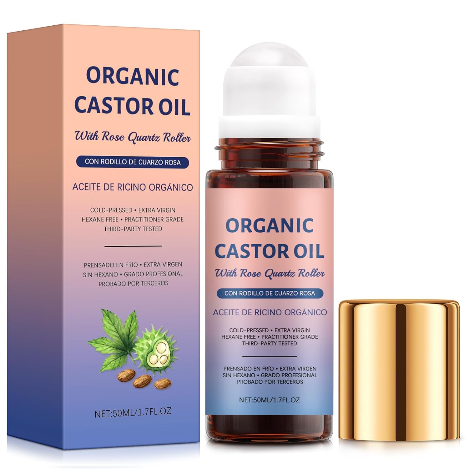 Organic Castor Oil with Rose Quartz Roller,Cold-Pressed Pure Organic Castor Oil~