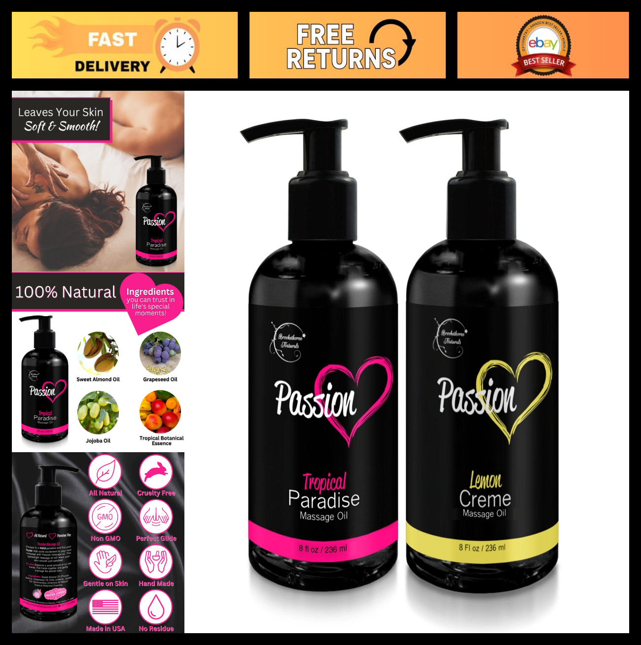 All-Natural Massage Oil Set for Couples | Lemon Crème & Tropical Paradise | Rela