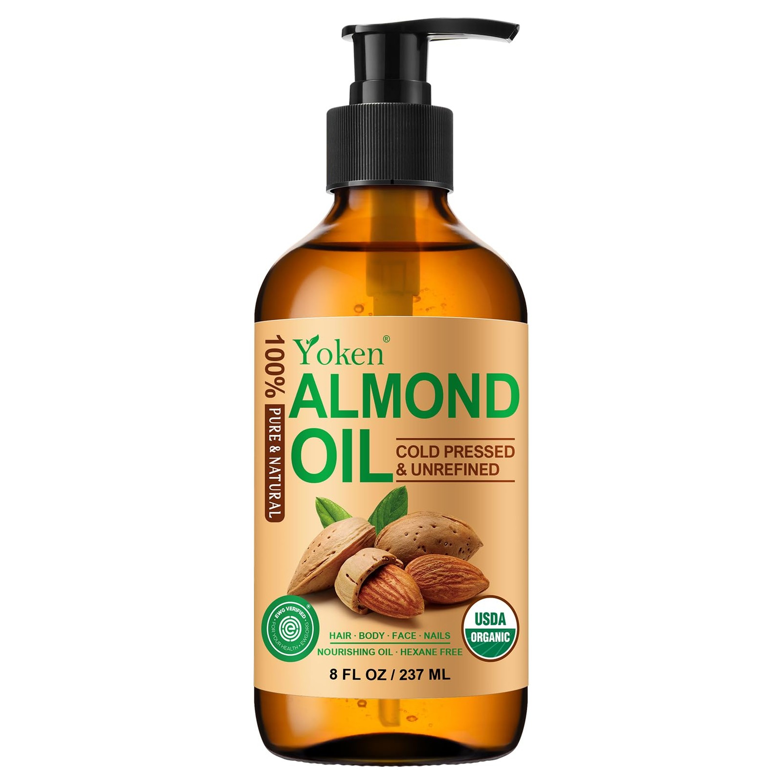 Organic Almond Oil 8 oz Glass Bottle, Cold Pressed for Skin & Hair