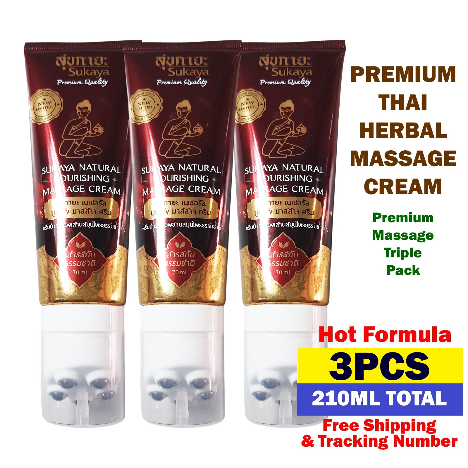 3X Sukaya Thai Herbal Massage Cream Hot Formula 210ml Total Roller Head Soothing