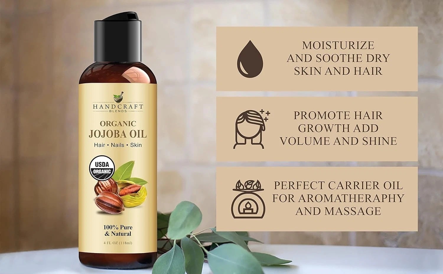 Handcraft Blends USDA Organic Jojoba Oil – Cold-Pressed 4 Fl Oz – 100% Pure and