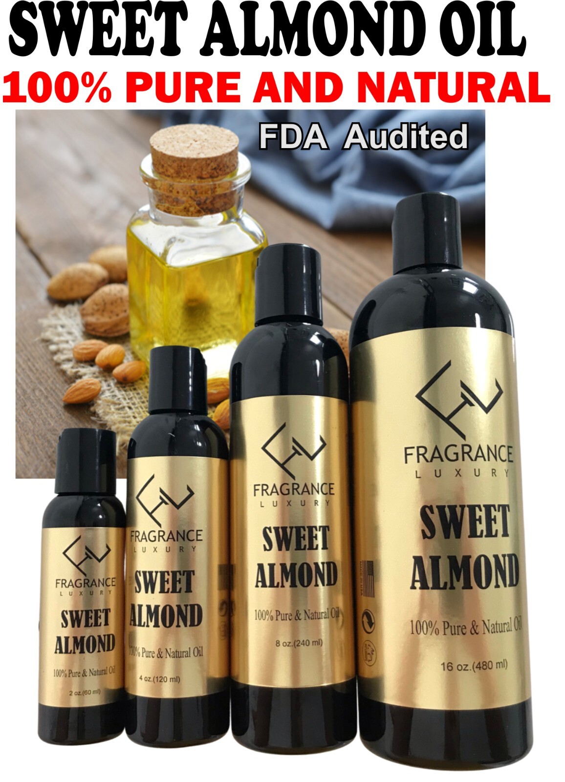 Sweet Almond carrier Oil 100% Pure Natural Organic For Skin,Face,Hair & Massage