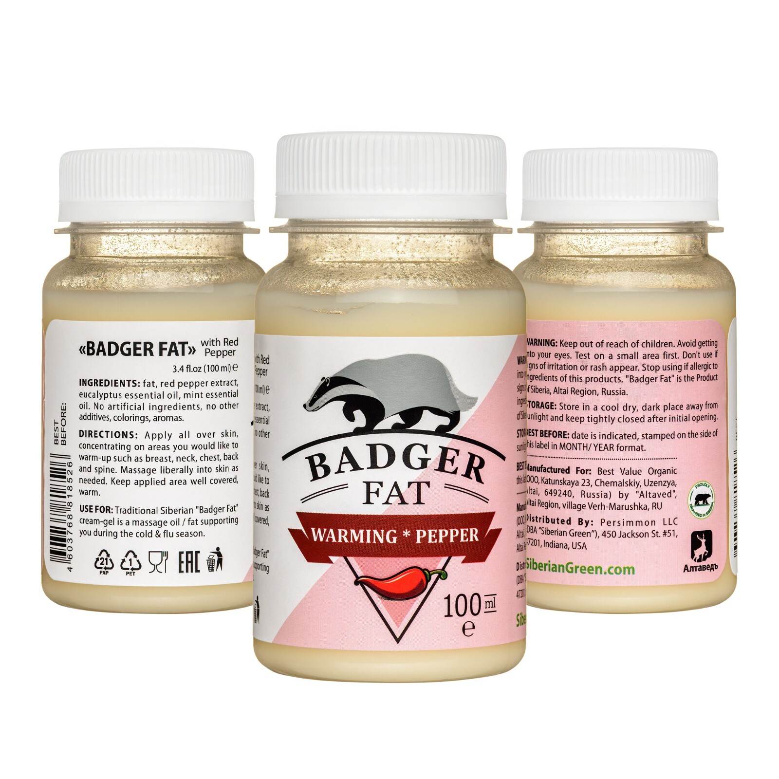Cream-Gel “Badger Fat” Siberian Eucalyptus Mint Essential Oils Red Pepper 100ml