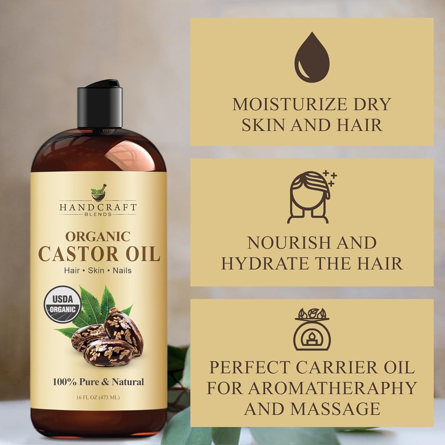 Premium Organic Castor Oil 100% Pure and Hexane-Free Cold-Pressed Beauty 16 fl.