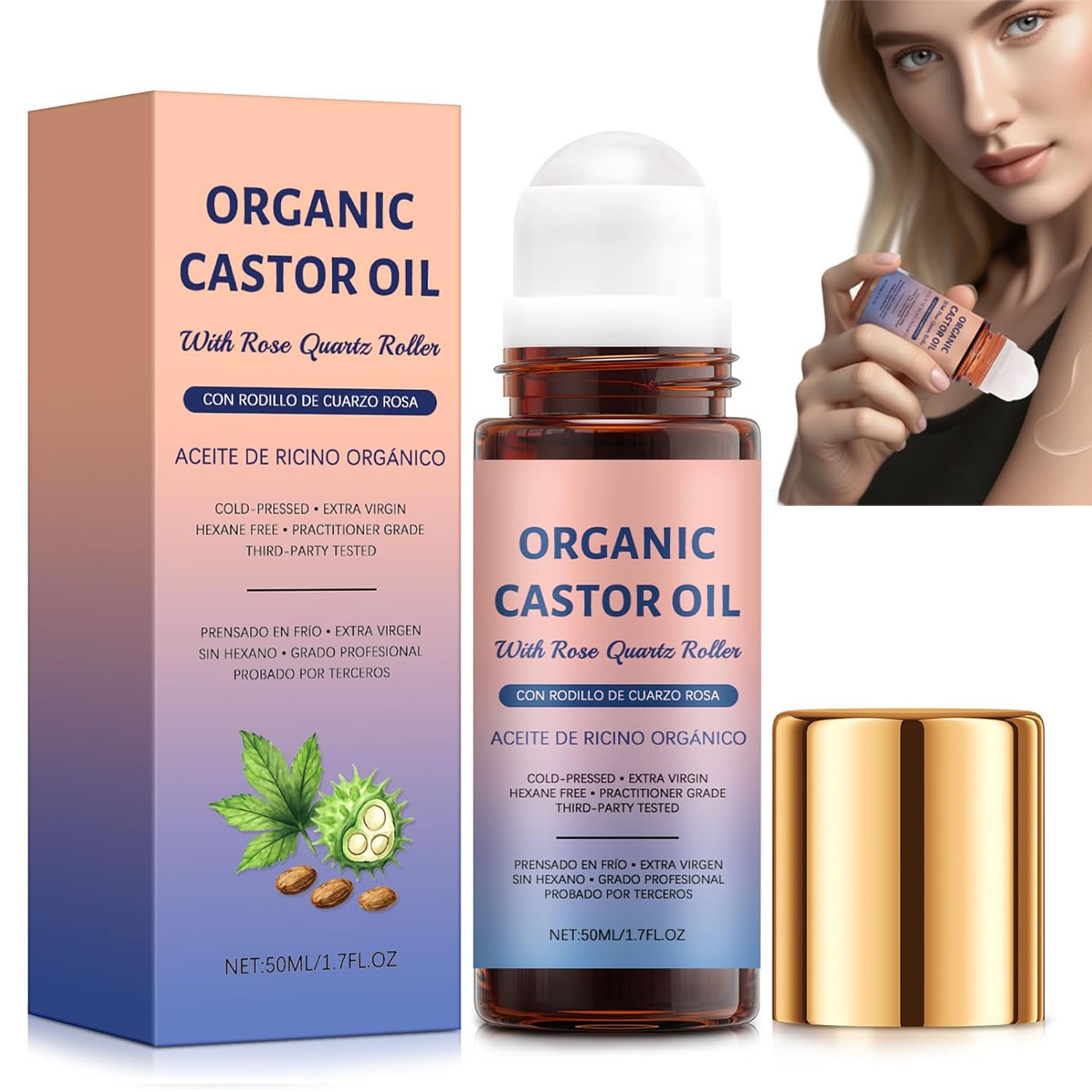 Organic Golden Castor Oil Roll-On with Rose Quartz for Skin,Hair & Wrinkle US🔥