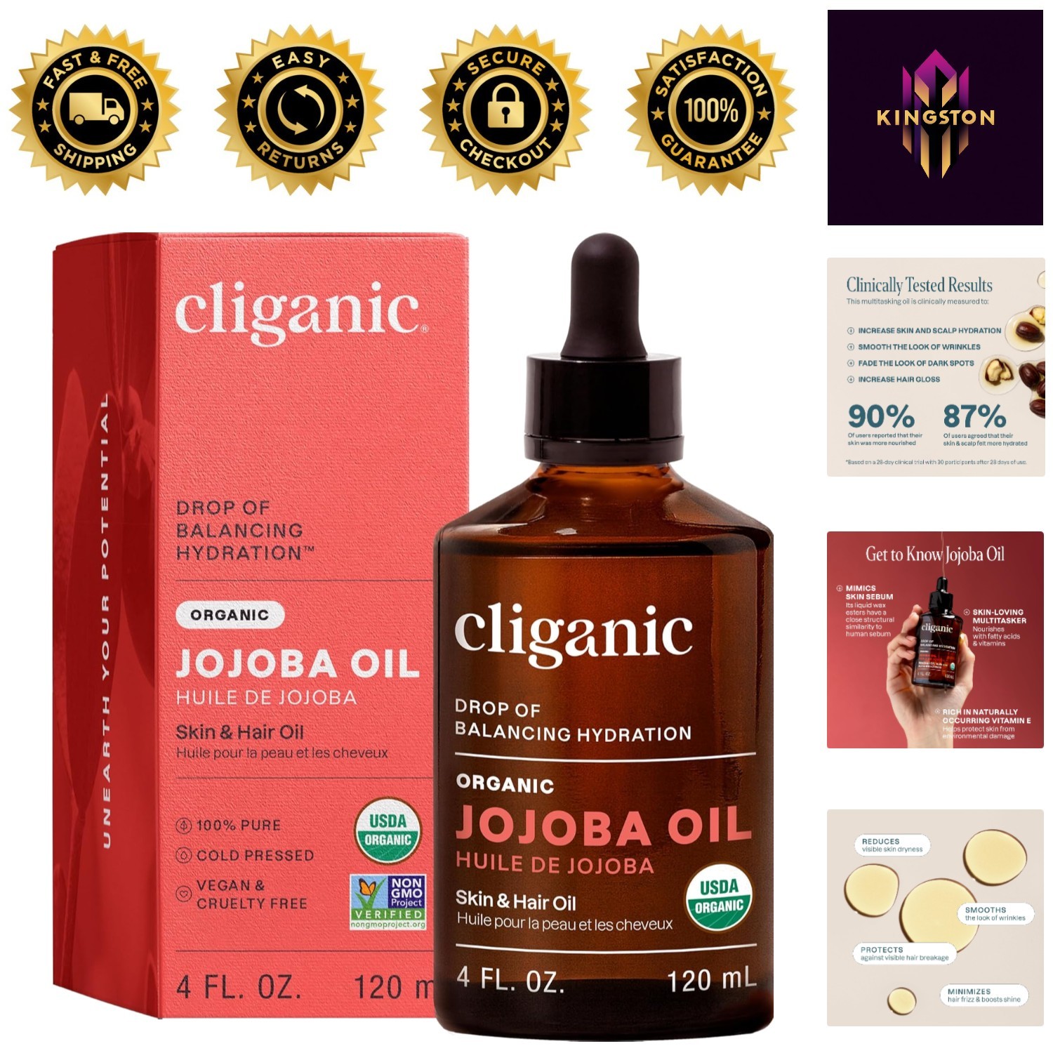 Multipurpose Organic Jojoba Oil 4oz | Natural Hypoallergenic Oil for Skin & Hair