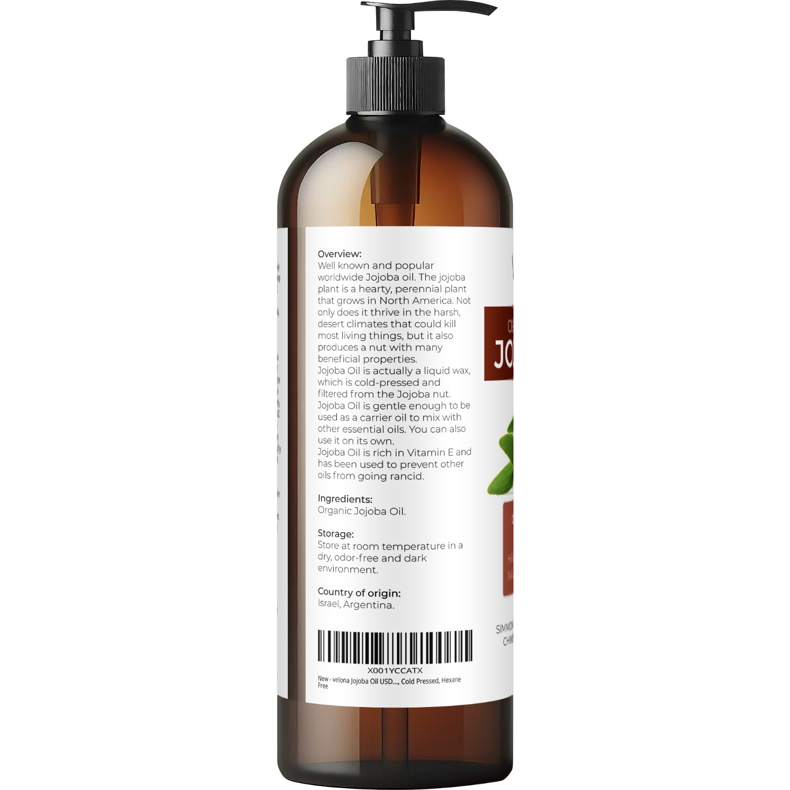Velona Jojoba Oil USDA Certified Organic 16 oz Golden Unrefined Cold Pressed