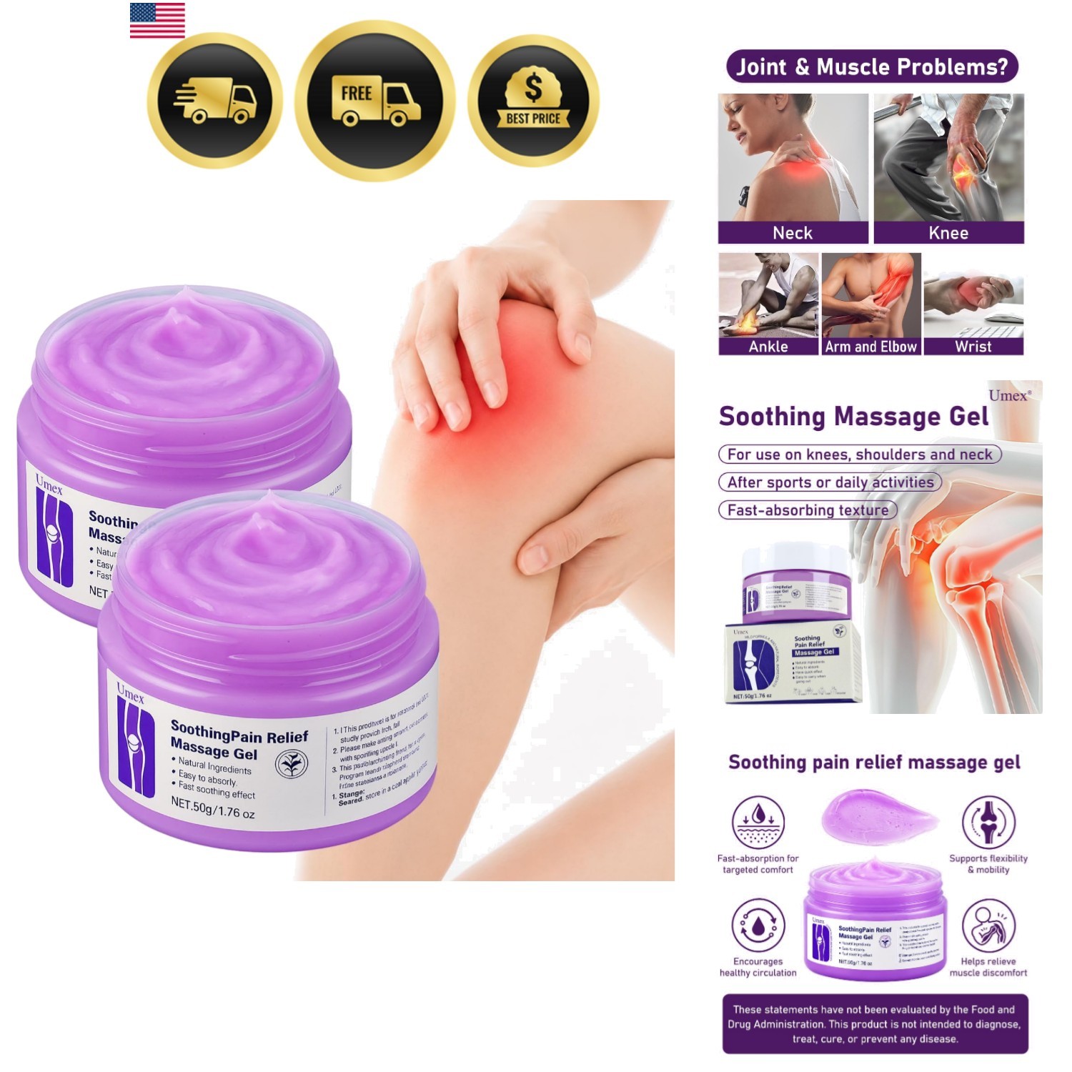 Umex 2PCS Soothing Relief Massage Gel,Joint Gel Purple,Soothes for Knees, Nec…