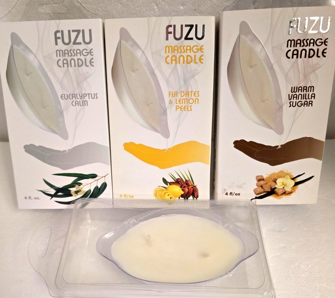 3 Pack DEAL! FUZU Massage Candle / Oil 4oz ea, Dual Wicks / 30hrs