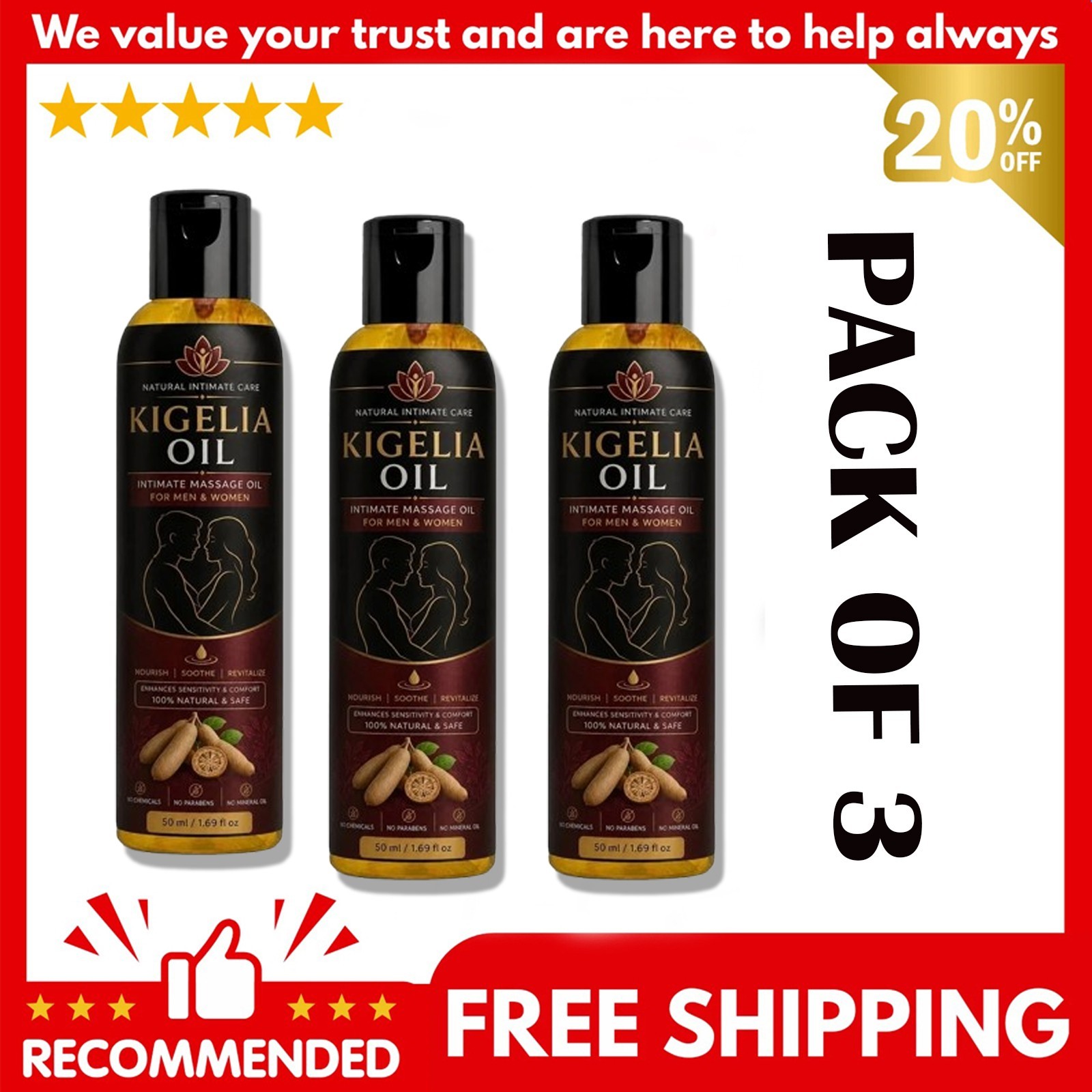 Kigelia Africana Oil 50ml Male Female Enlargement Enhancement (3 Pack)