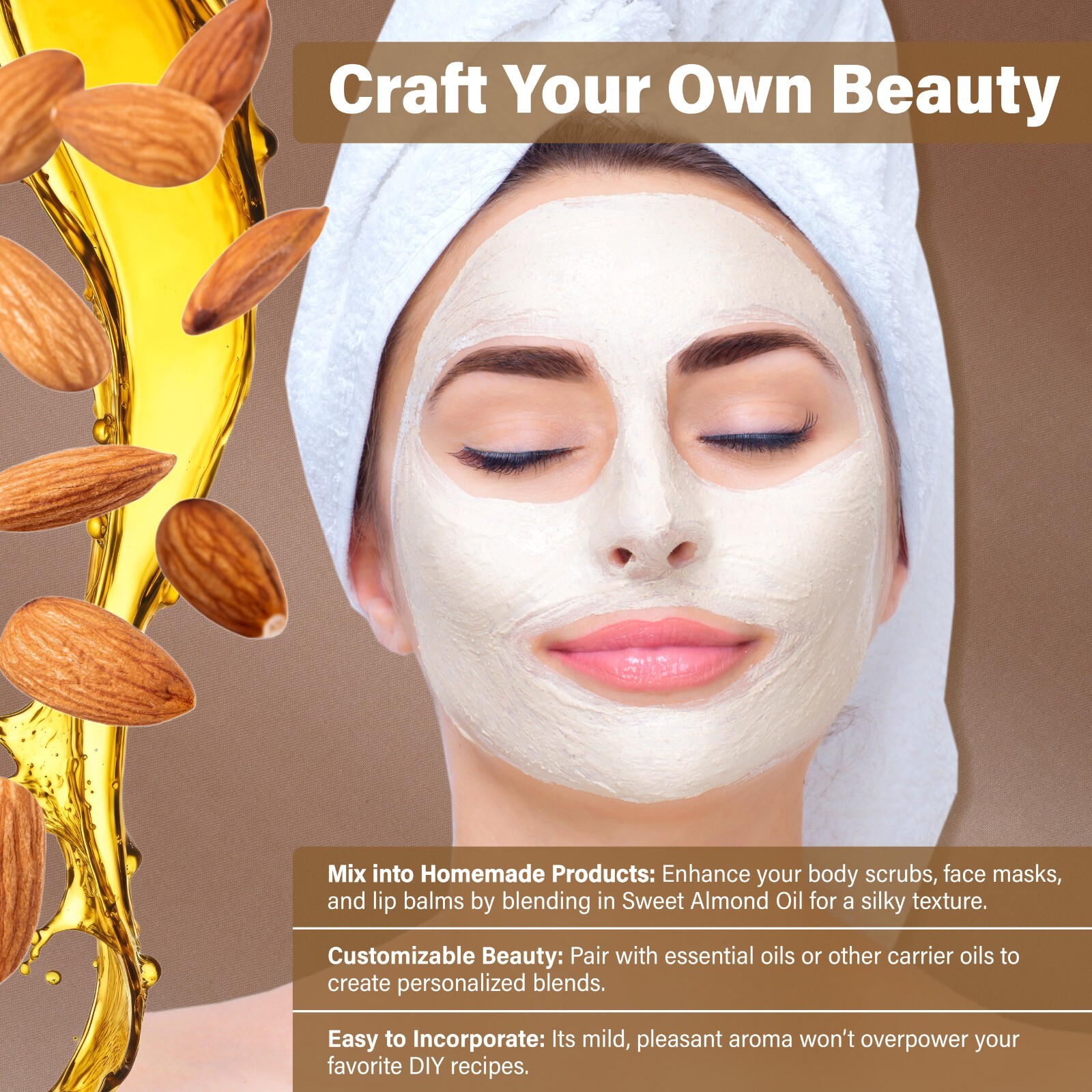 Sweet Almond Oil 100% Pure Natural Carrier For Skin, Face, Hair Growth & Massage