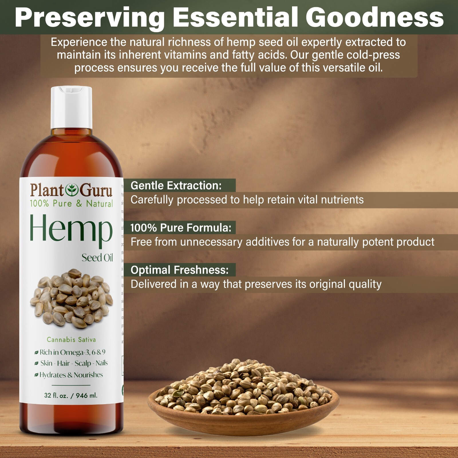 Hemp Seed Oil 2 oz. Cold Pressed 100% Pure Unrefined Natural